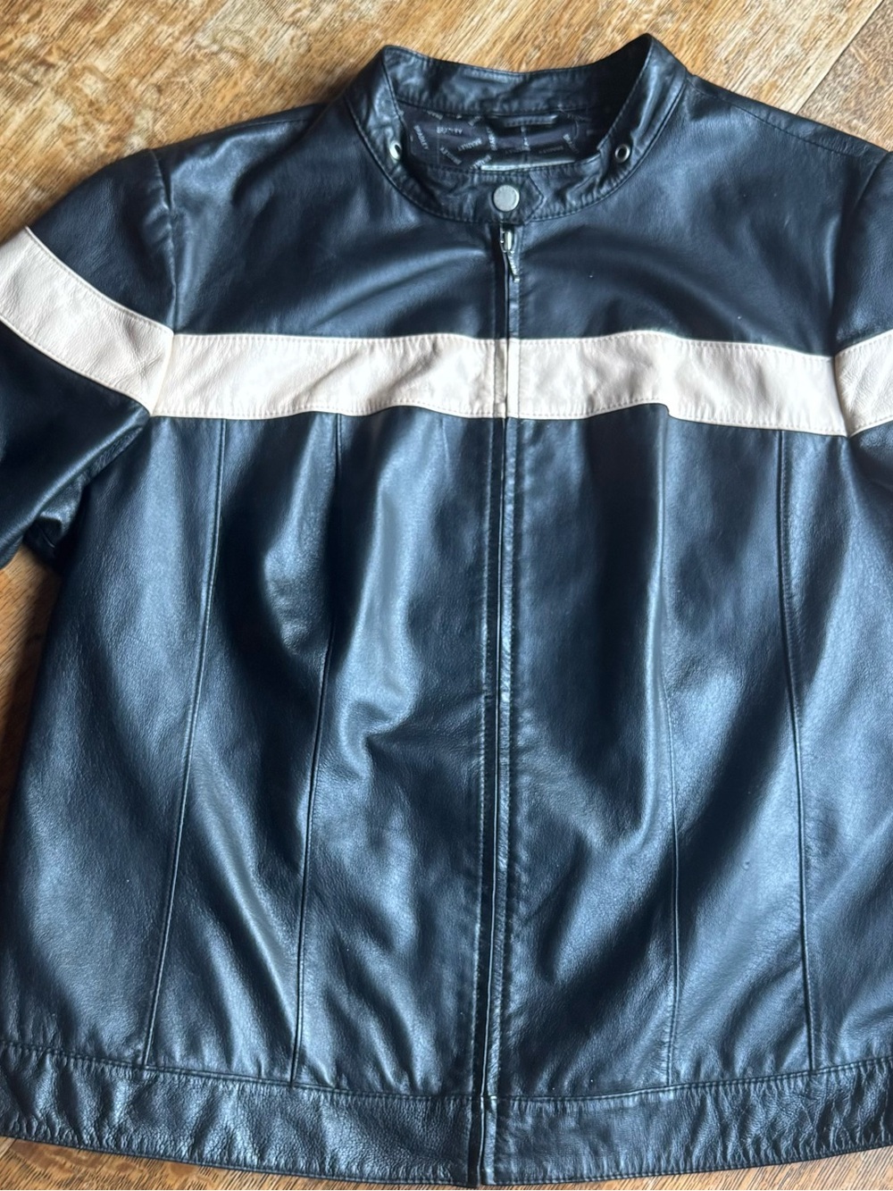 1990s Black Leather Jacket with Cream Stripe - Classic Moto Style Size 1X